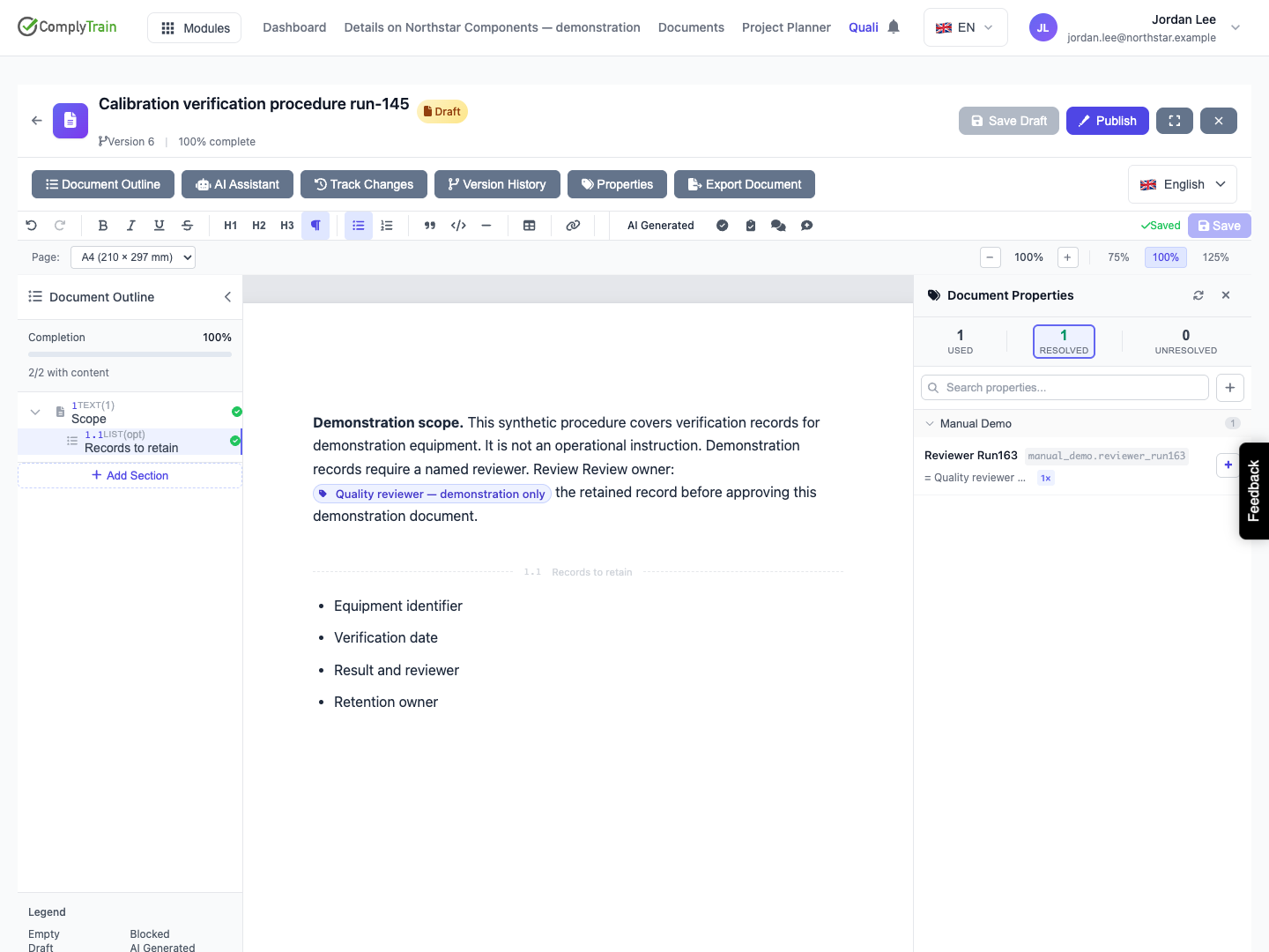 The token displays the saved demonstration reviewer and Resolved shows one occurrence; the document remains Draft.