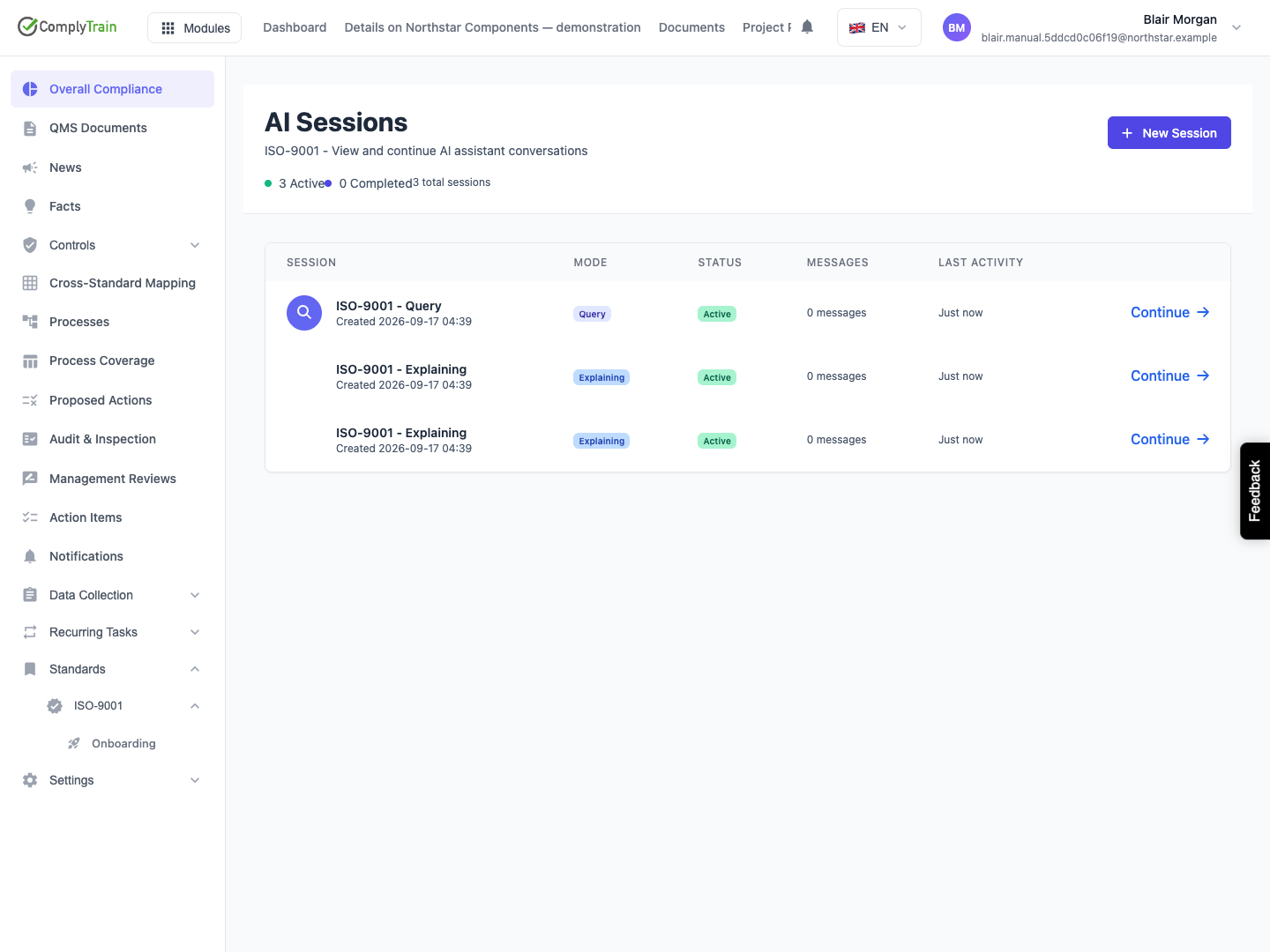 The AI Sessions catalogue Rows identify each conversation by its title, mode, status, message count and last activity.