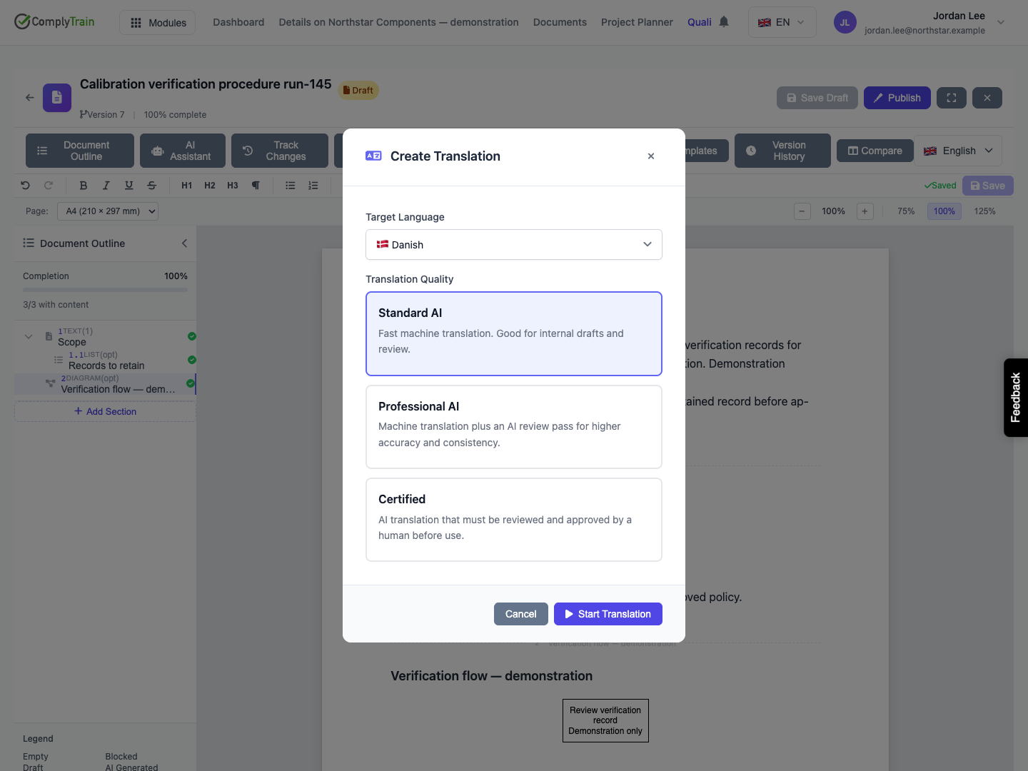 Start from a deliberate language choice Danish and Standard AI are selected for the synthetic source. Start Translation is available.