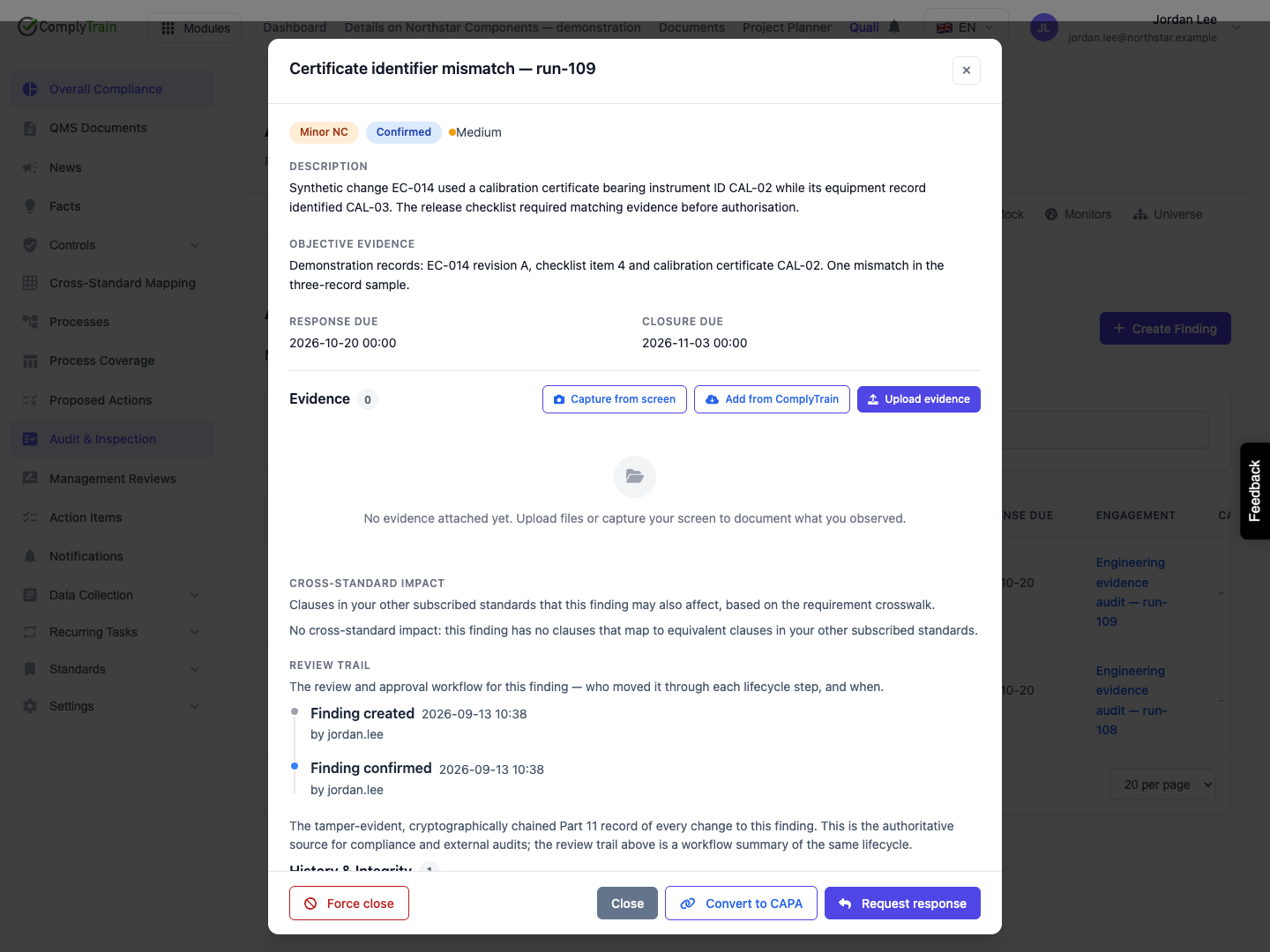 Confirm before requesting a response The confirmed finding exposes Request response and Convert to CAPA. Confirmation has its own review-trail entry.