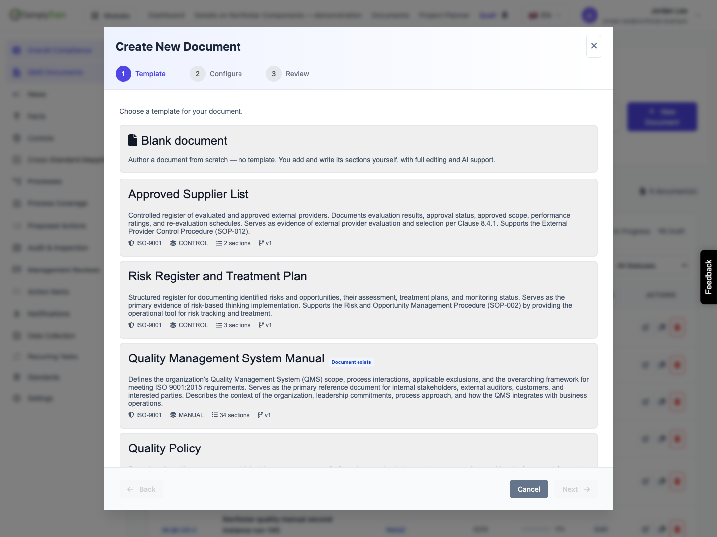 General entry starts with templates The general wizard has three steps and offers the unfiltered template catalog plus Blank document.
