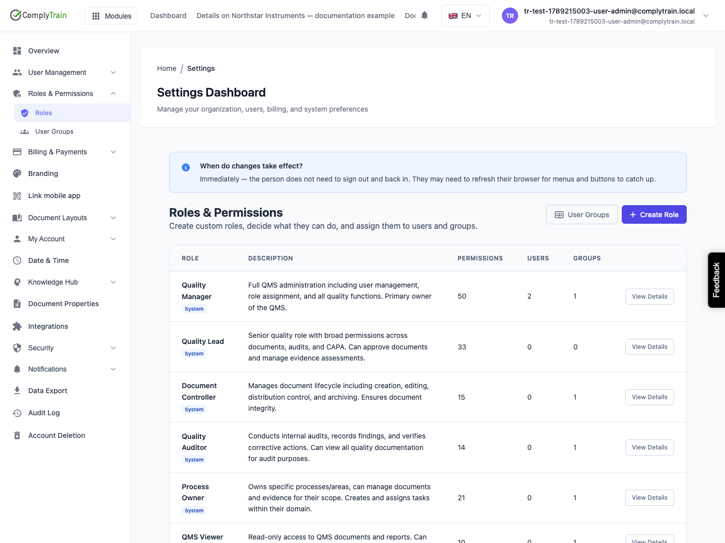 Role counts help locate the role to review; open its details to inspect individual permissions.