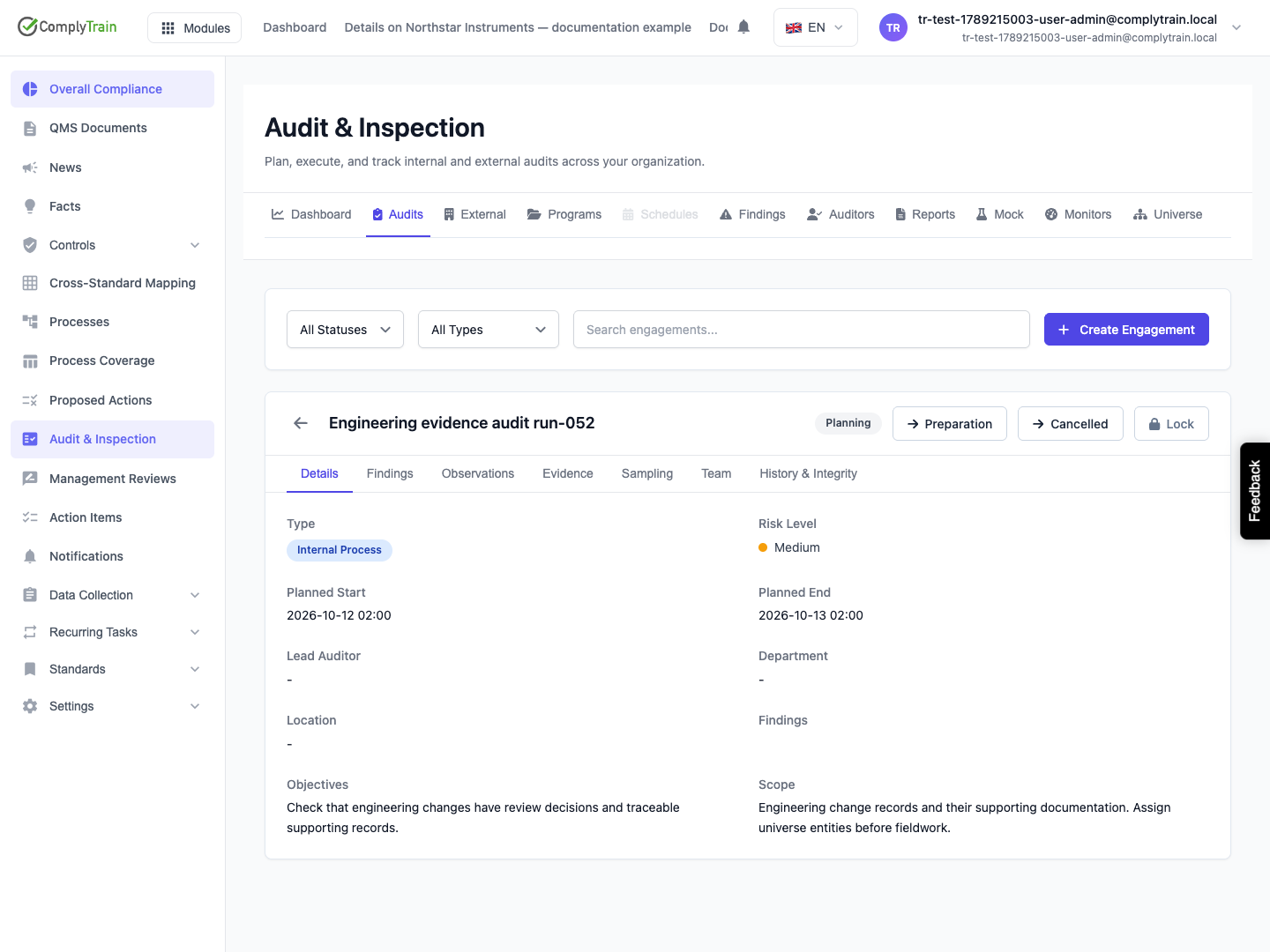 Inspect the saved engagement workspace The saved engagement is in Planning. Its dates, objectives and scope appear alongside Findings, Evidence, Sampling and Team. Lead Auditor is blank and must be resolved before fieldwork.