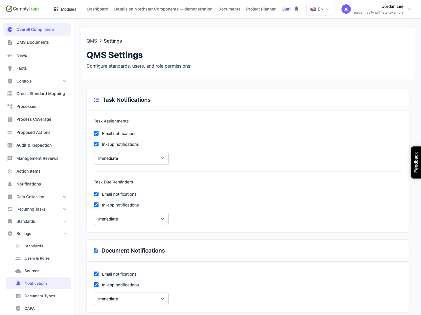 Find the personal QMS notification controls Review the channel checkboxes and frequency for each task-notification group.