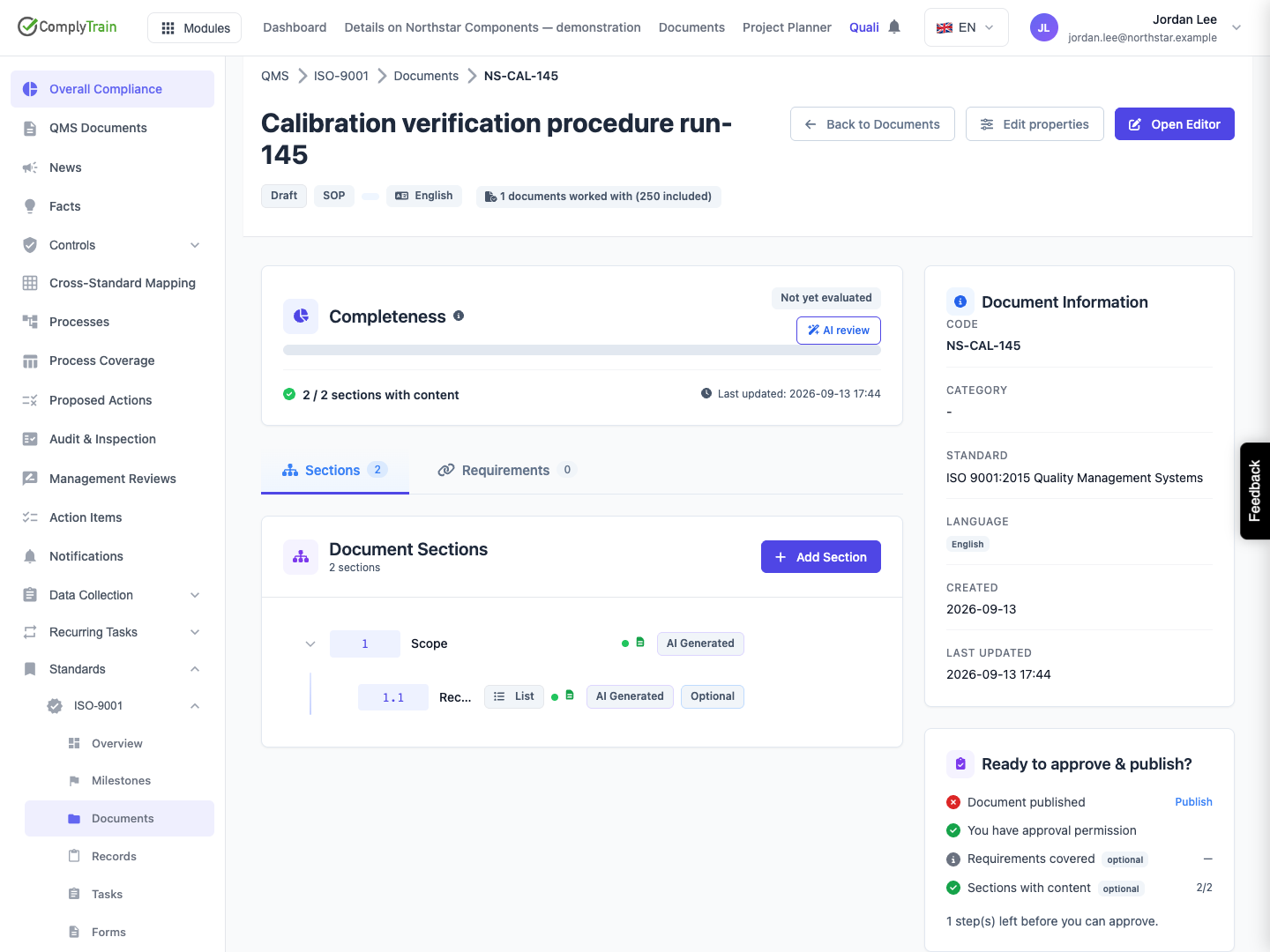 Both sections contain text, while the separate readiness check still requires publication.