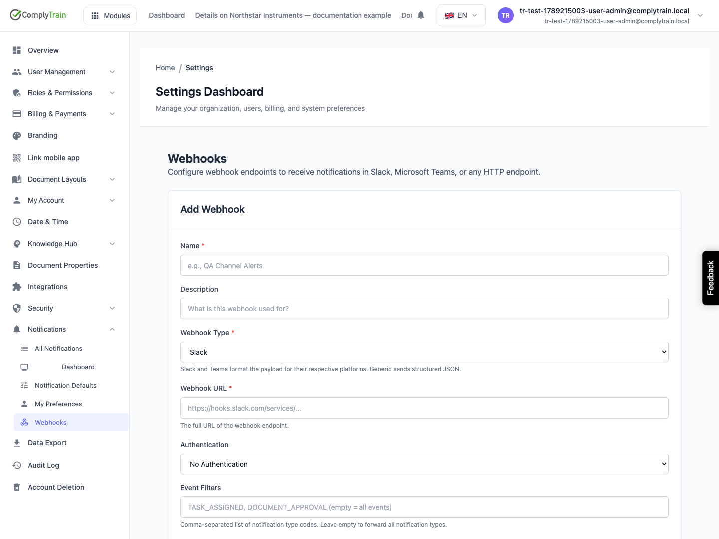 The form shows type, URL, authentication and event filters. No endpoint is saved or contacted.