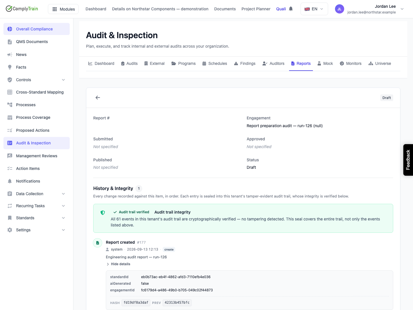 The expanded creation event records the standard and engagement, AI-generated false, and abbreviated hashes. The panel labels the actor system; the walkthrough actually created the report through Jordan Lee’s UI session.