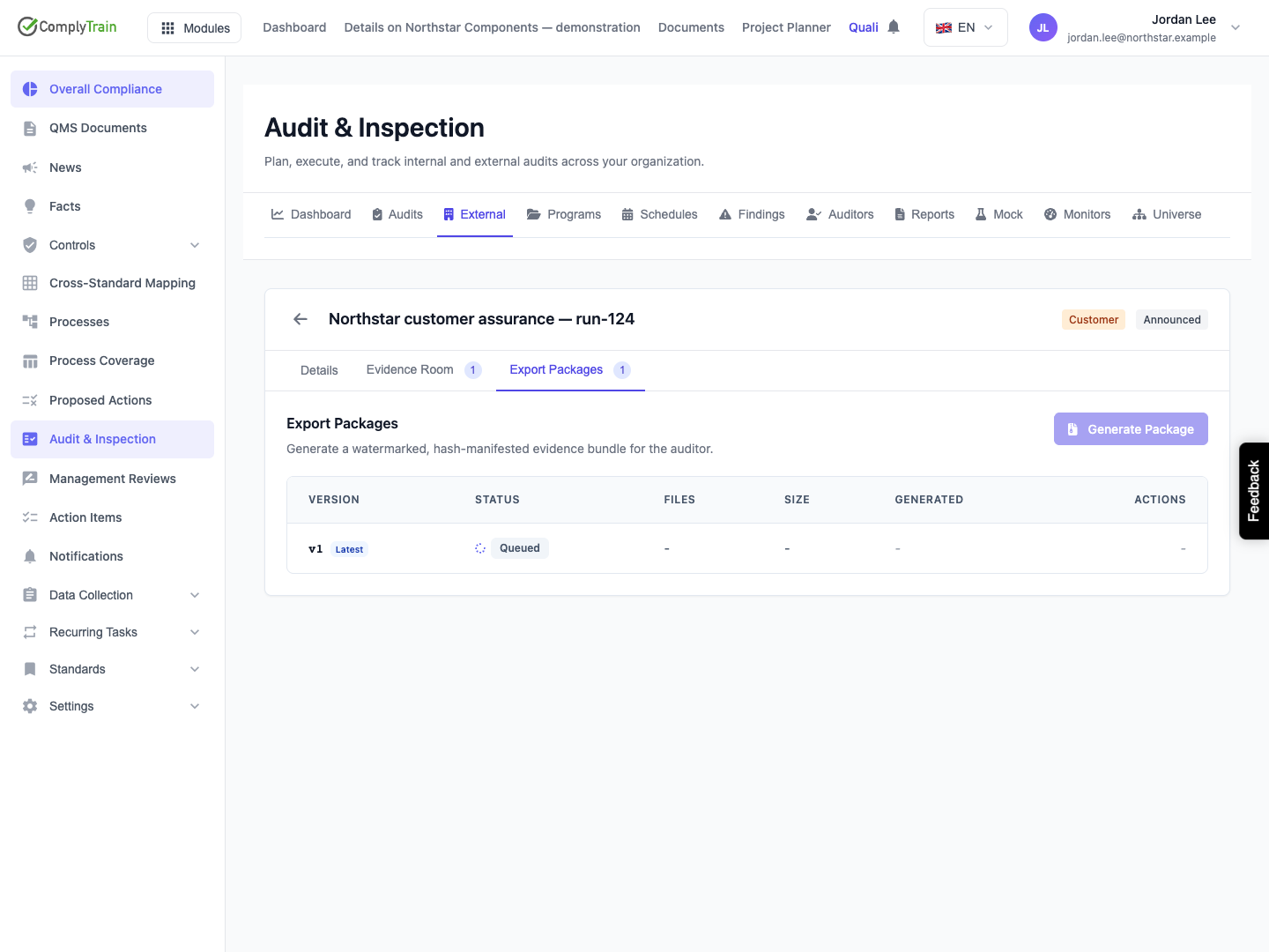 Version one is Latest and Queued. Generate Package is disabled; no download, file count or completed archive is available yet.