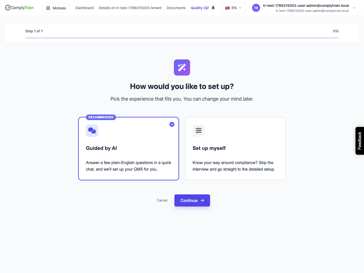 Choose the setup experience The initial QMS screen offers Guided by AI and Set up myself. Choose a path before continuing.