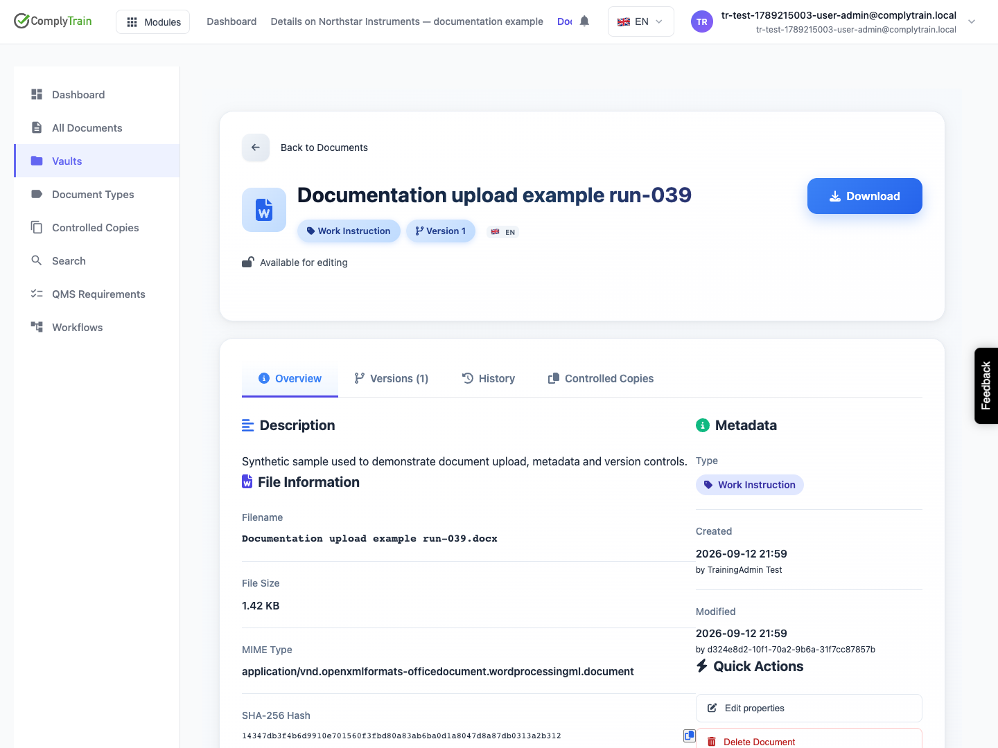 Verify the saved upload After reloading, the Work Instruction remains at version 1 with its description, filename and file details.