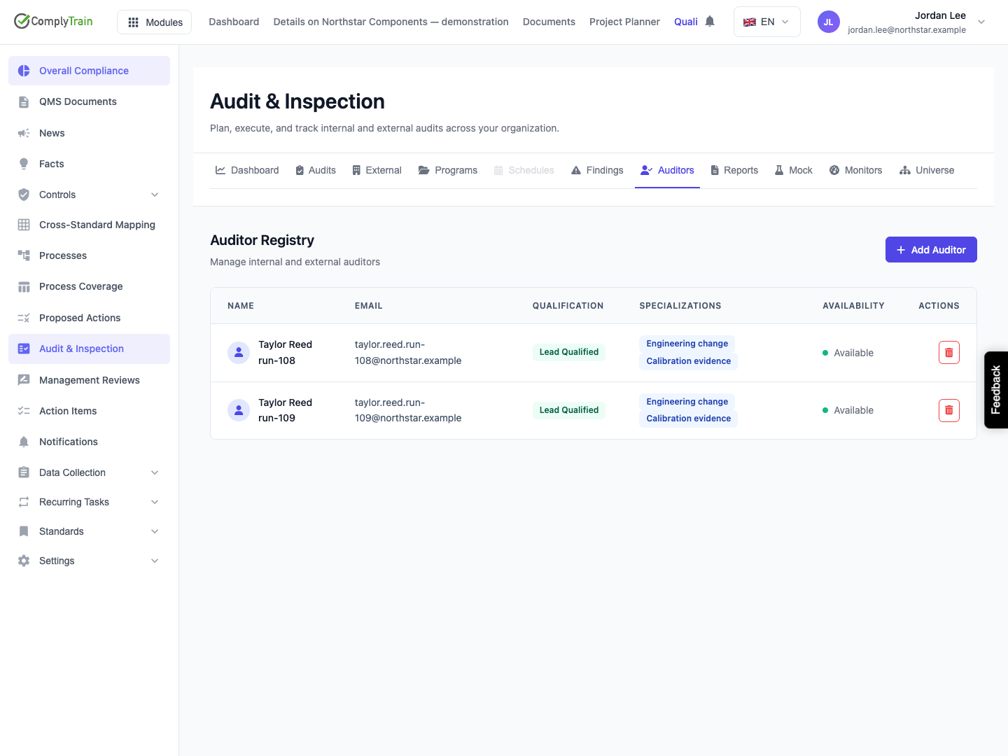 Check the saved registry entry Taylor Reed run-109 retains the Lead Qualified status and specialisations. Available is the initial registry value, not a checked availability calendar.