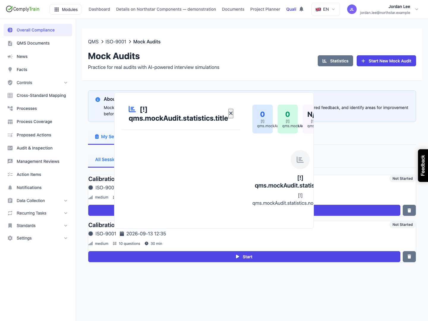 Recognise placeholder statistics and display defects The modal has untranslated, clipped labels and fixed zero values despite saved sessions. It does not report measured session performance.