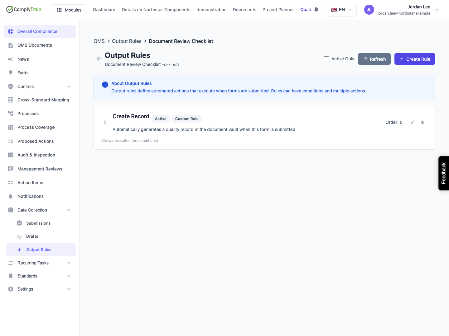 The checklist output-rule list Active Only filters the list. The automatic Create Record rule carries Custom Rule because it has no linked source-template identifier.