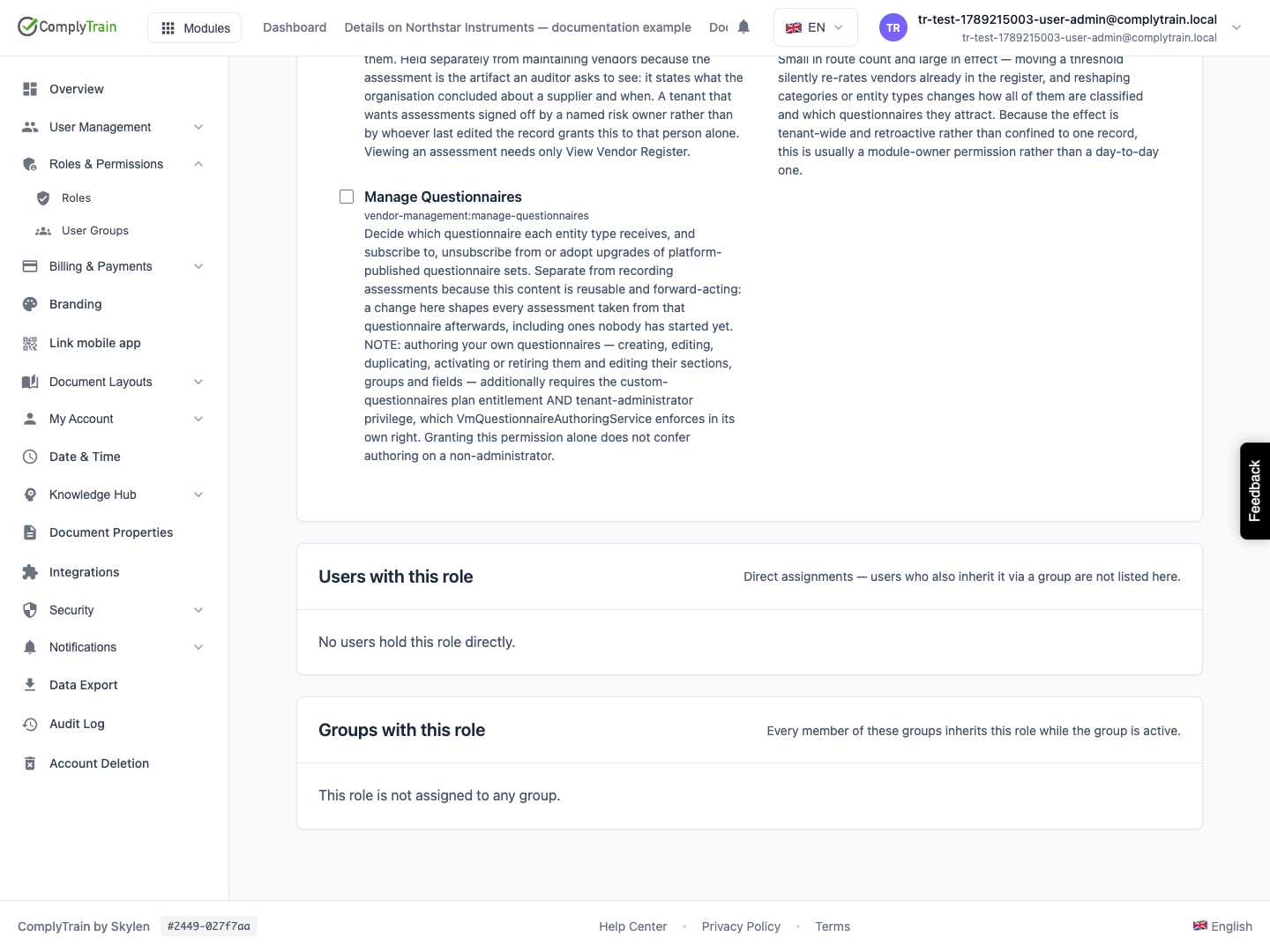 Direct users and groups have separate panels. Both are empty for this newly created example role.