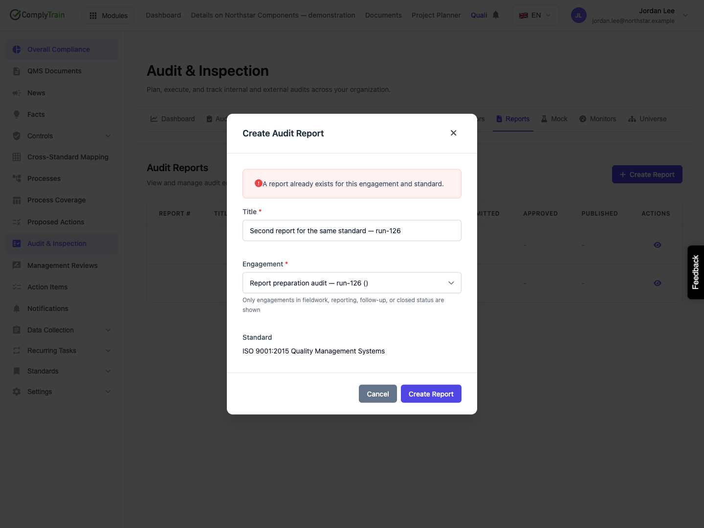 Use the existing report for the same pair A second title for the same engagement and standard is rejected. The walkthrough cancels this duplicate request.