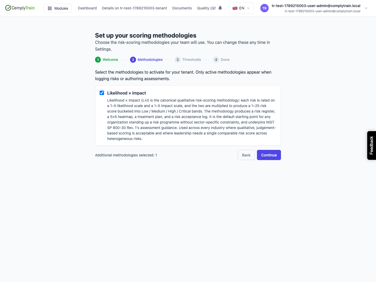 Review the active methodology selection Likelihood × Impact is selected in this fixture. Its missing default-methodology configuration is a separate prerequisite issue.