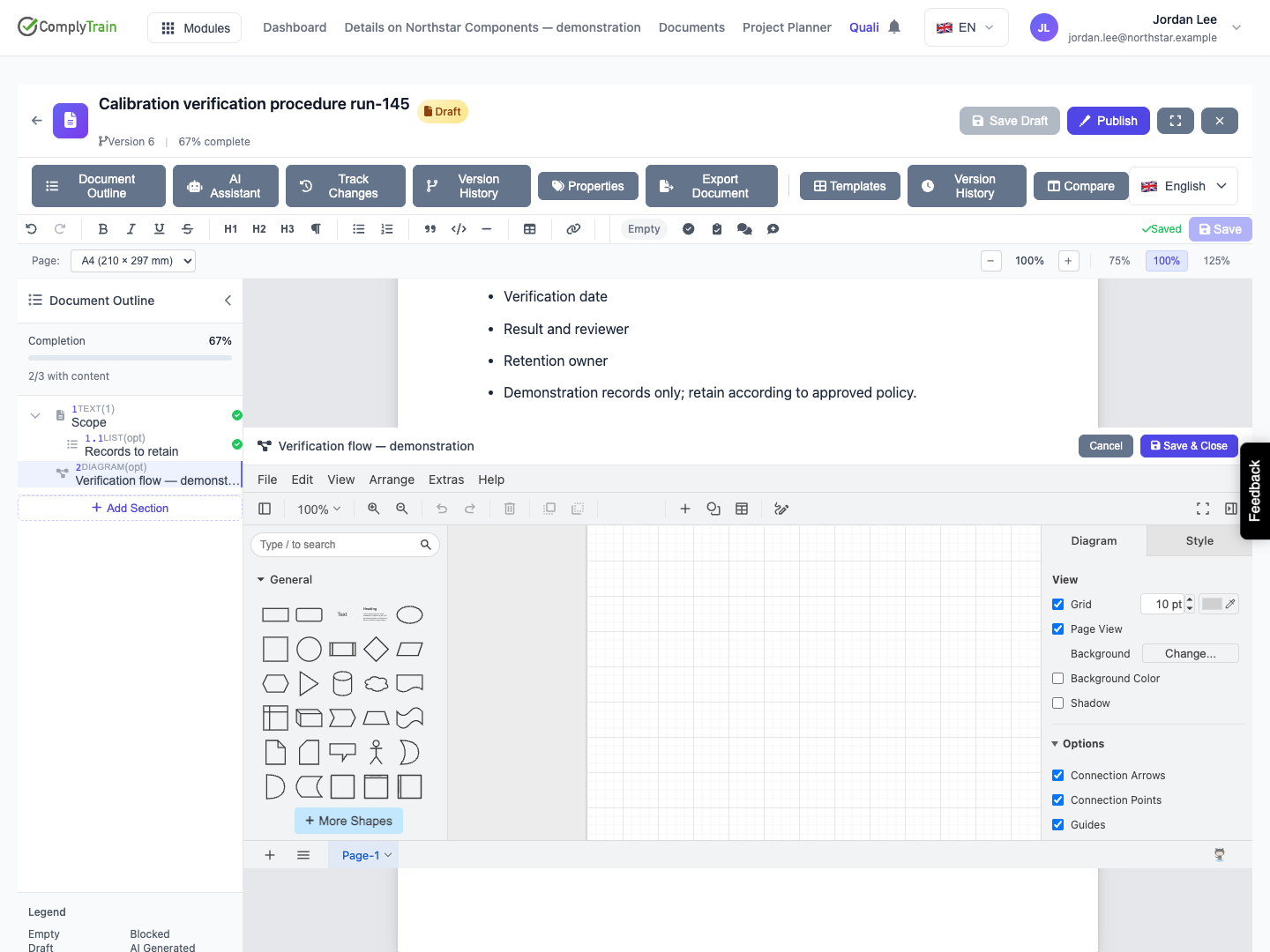 The real editor shows its palette, canvas, view controls and separate Cancel and Save & Close actions.