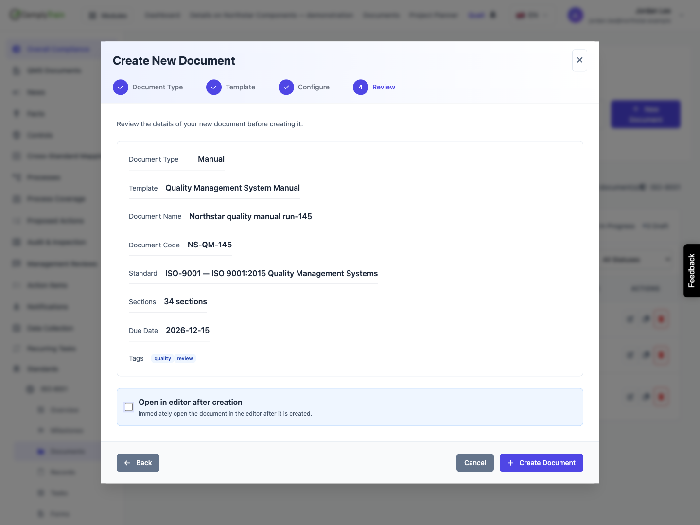 Review before creating The review summarizes identity and selected fields. Open in editor is cleared; description and notes are not repeated here.