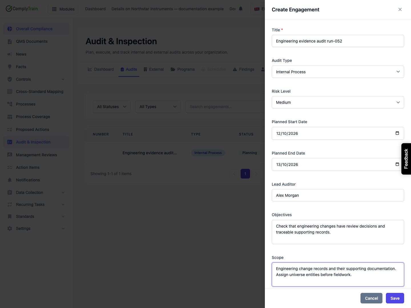 Set the engagement scope and planned dates The example identifies an internal process audit and its objectives. Confirm the displayed lead auditor after saving; typed free-text names were not shown in the read-back for this release.