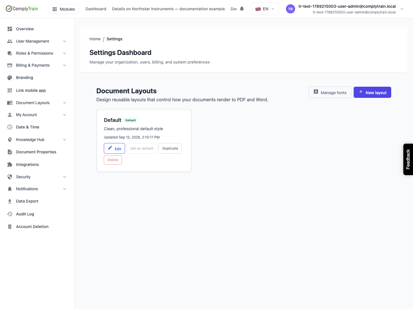 Start from the reusable layout catalogue The default style offers Edit and Duplicate; default selection and deletion have separate availability.