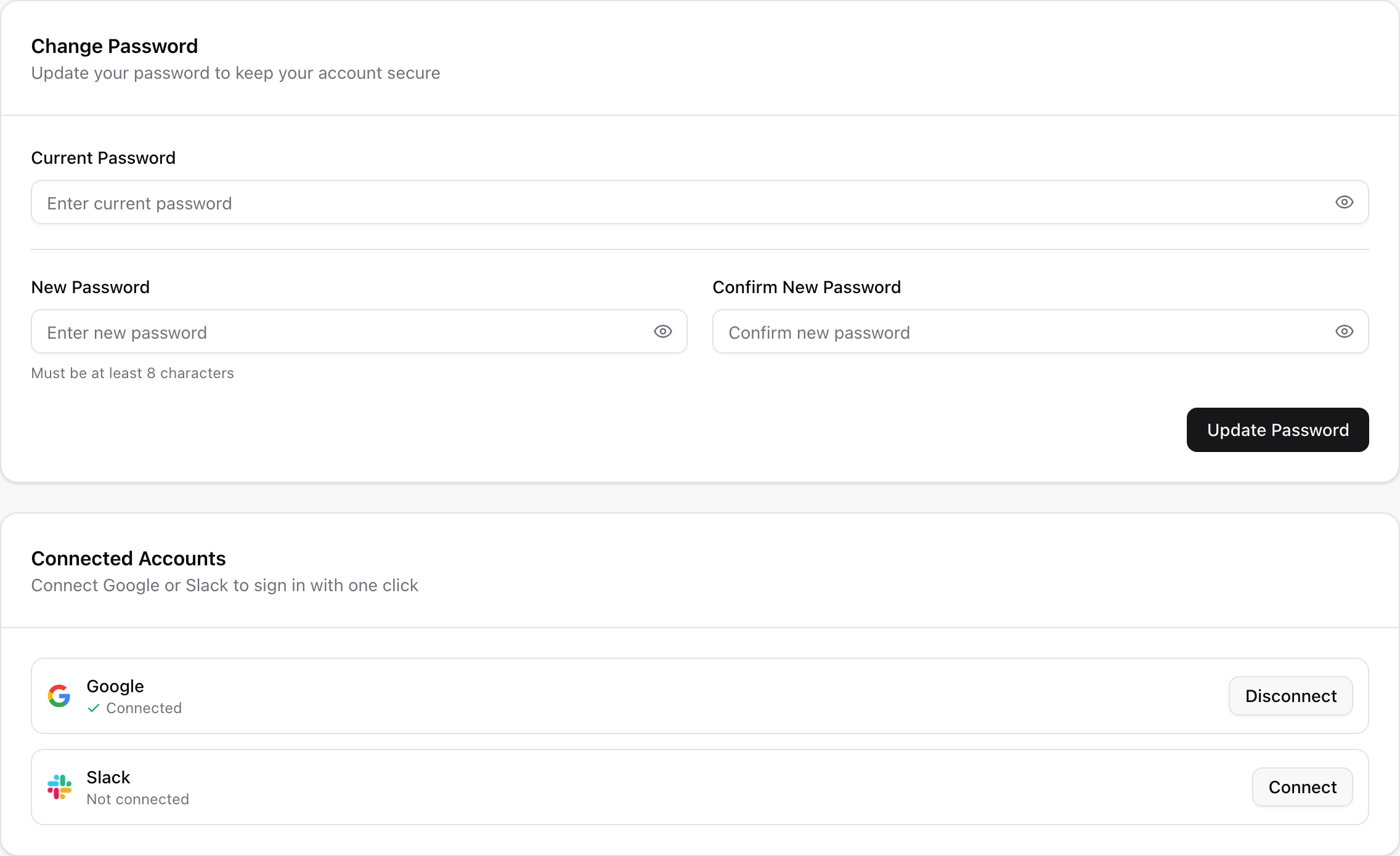 The Change Password card, and Connected Accounts with Google connected and Slack not connected