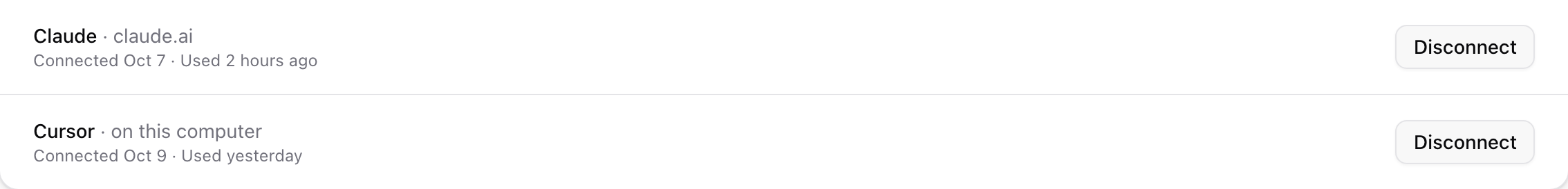 Two connected AI apps, Claude and Cursor, each with when it was connected, when it was last used and a Disconnect button