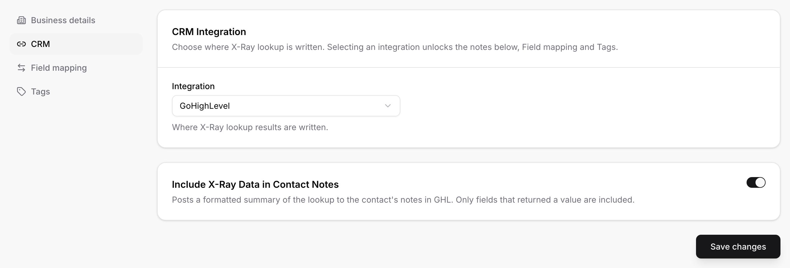 X-Ray Settings, CRM section with GoHighLevel chosen