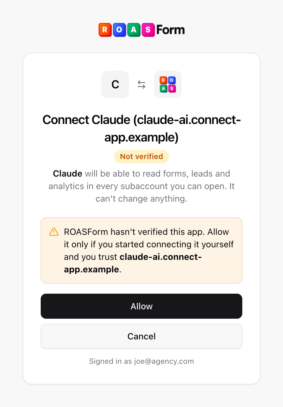 The same page for an app ROASForm hasn't verified, with the Not verified badge and the warning