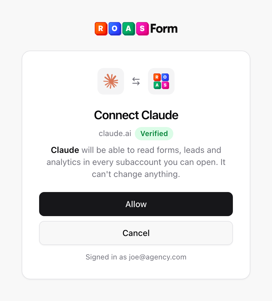 The ROASForm page where you allow Claude read-only access to your account