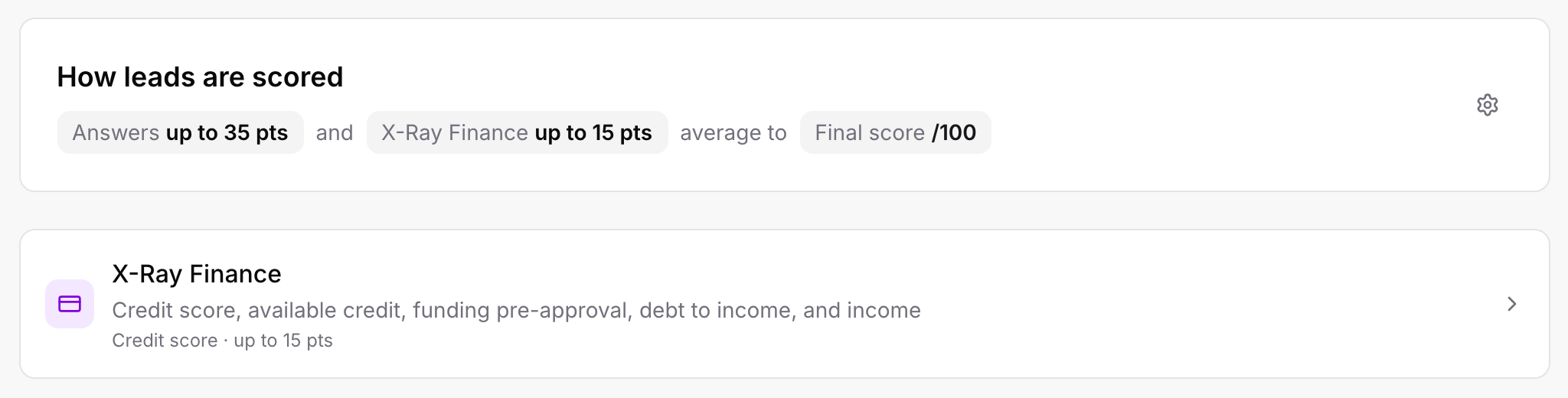 The Scoring tab header with answers and X-Ray Finance averaging to a final score