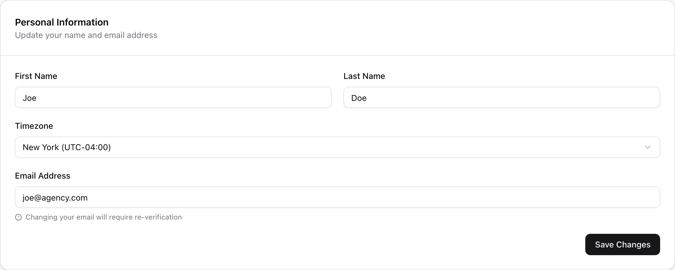 The Personal Information card with first name, last name, timezone and email address