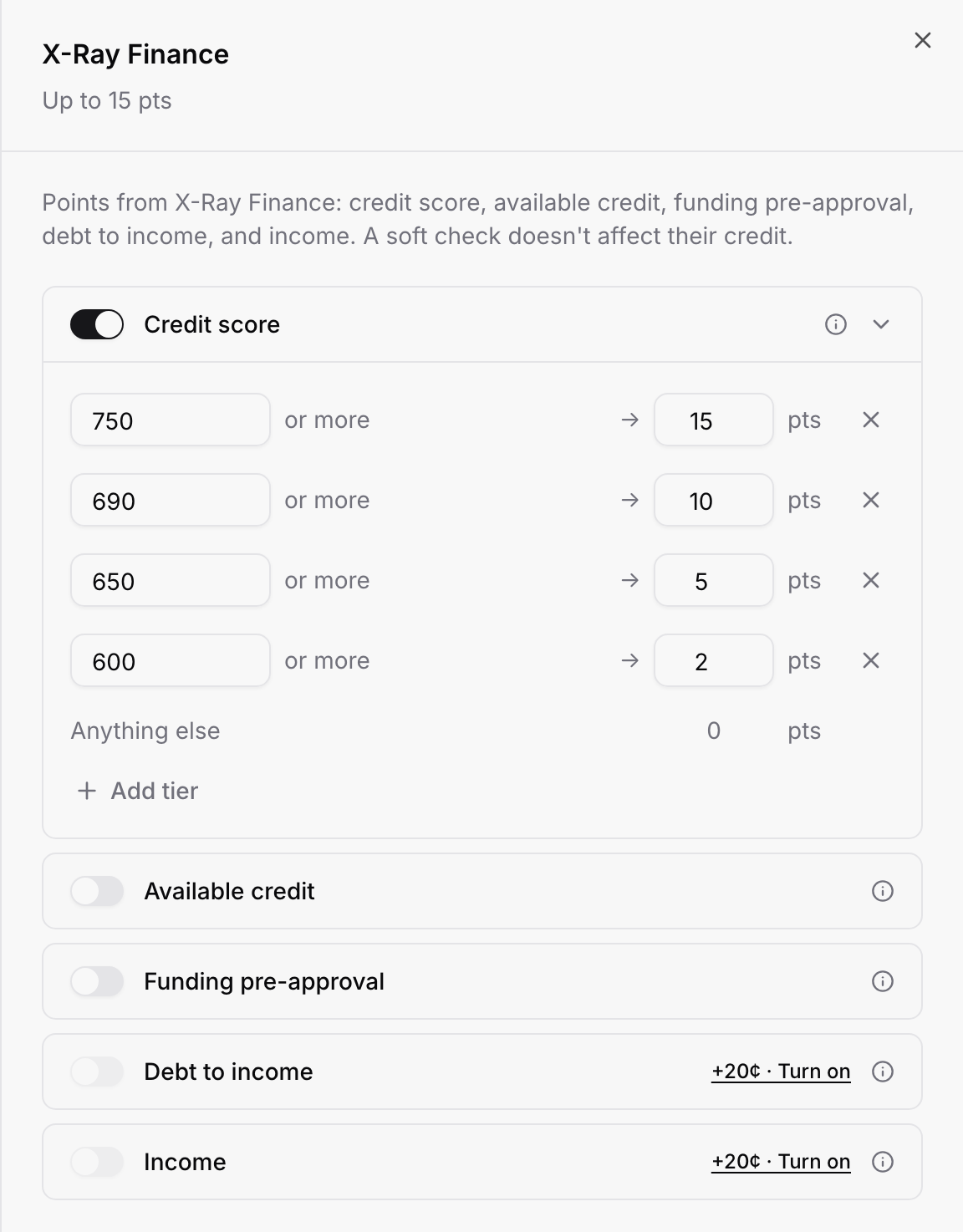 The X-Ray Finance scoring panel with credit score tiers