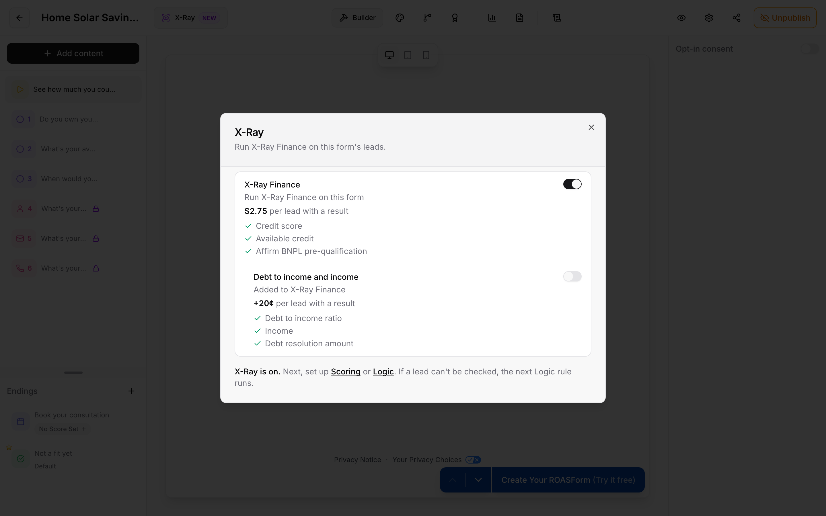 The X-Ray panel opened from the form builder header