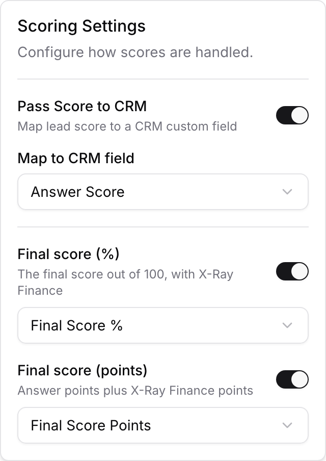 Scoring Settings with Final score (%) and Final score (points) mapped to CRM fields