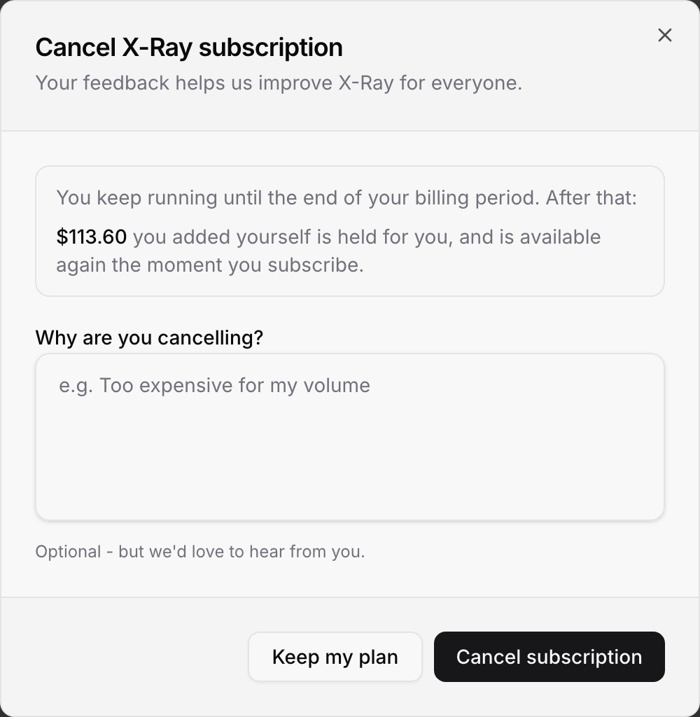 The Cancel X-Ray subscription window