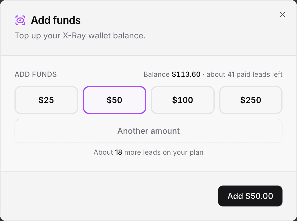 The Add funds window with preset amounts
