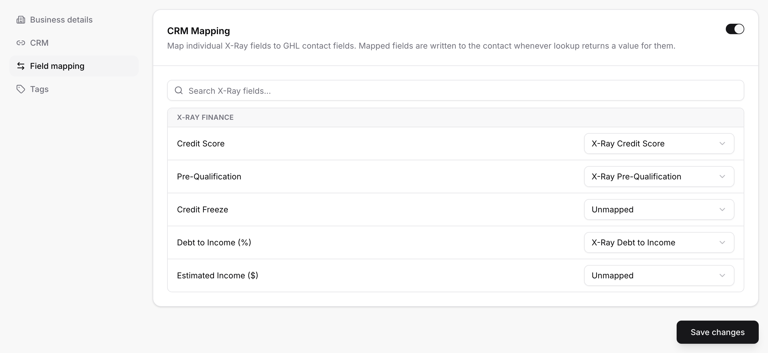 X-Ray Settings, Field mapping for X-Ray Finance fields