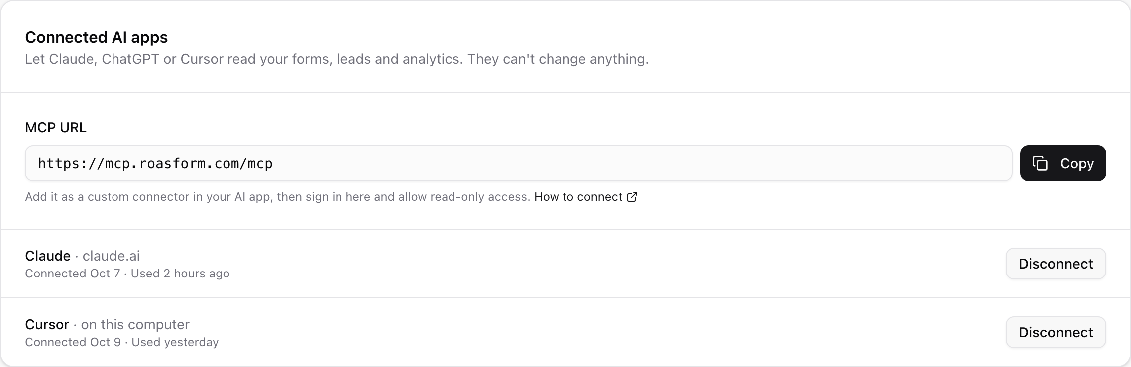 The Connected AI apps card in Profile Settings, with the MCP URL, the Copy button and two connected apps