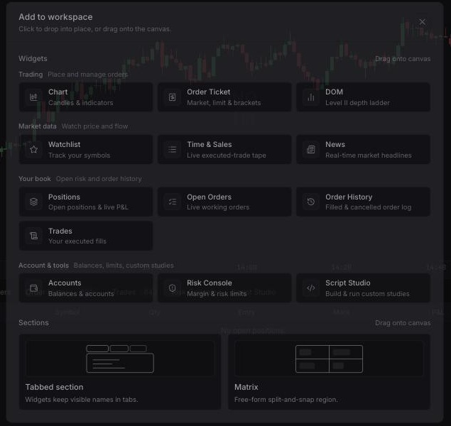 The Add to workspace catalog listing widgets grouped under Trading, Market data, Your book, and Account & tools, plus Tabbed section and Matrix