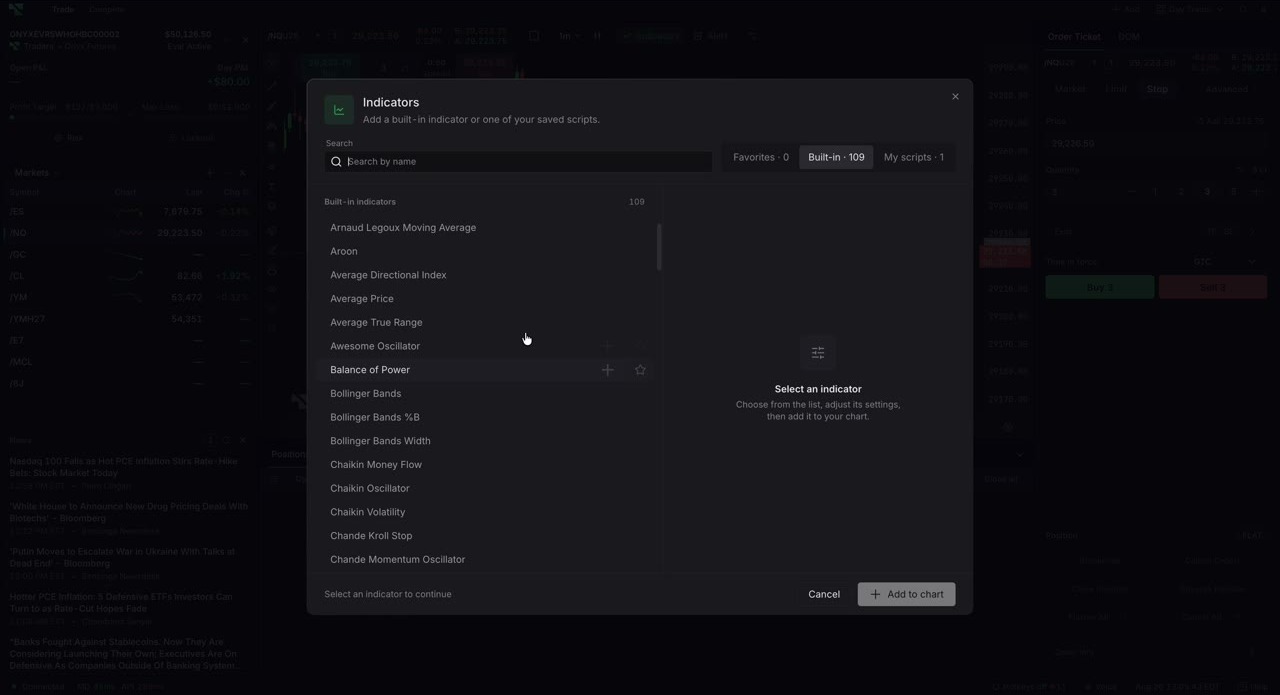 The Indicators modal with a search field and the Built-in list of 109 indicators