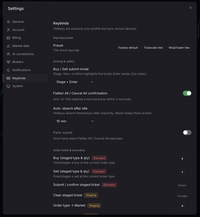 The Keybinds settings page showing keymap presets, Arming & safety controls, and the Buy/Sell hotkey list
