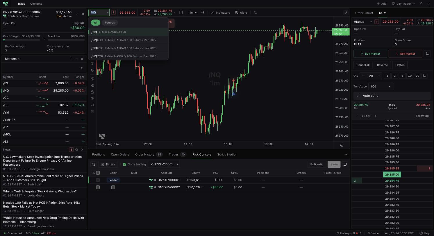 The symbol search dropdown listing dated NQ contracts alongside the continuous root, with All and Futures filter tabs