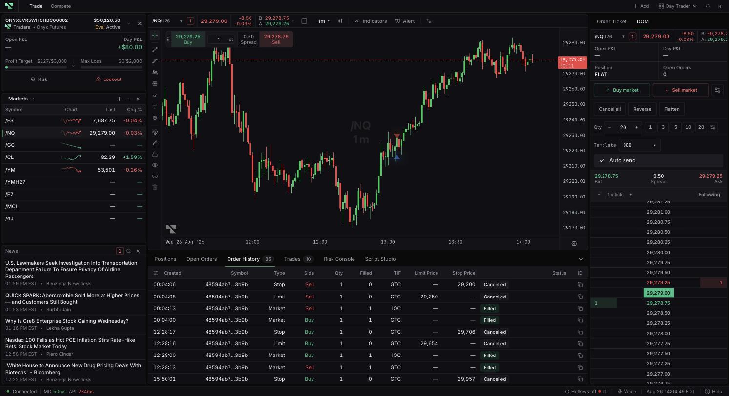 Order History showing rows with a Cancelled status alongside Filled rows