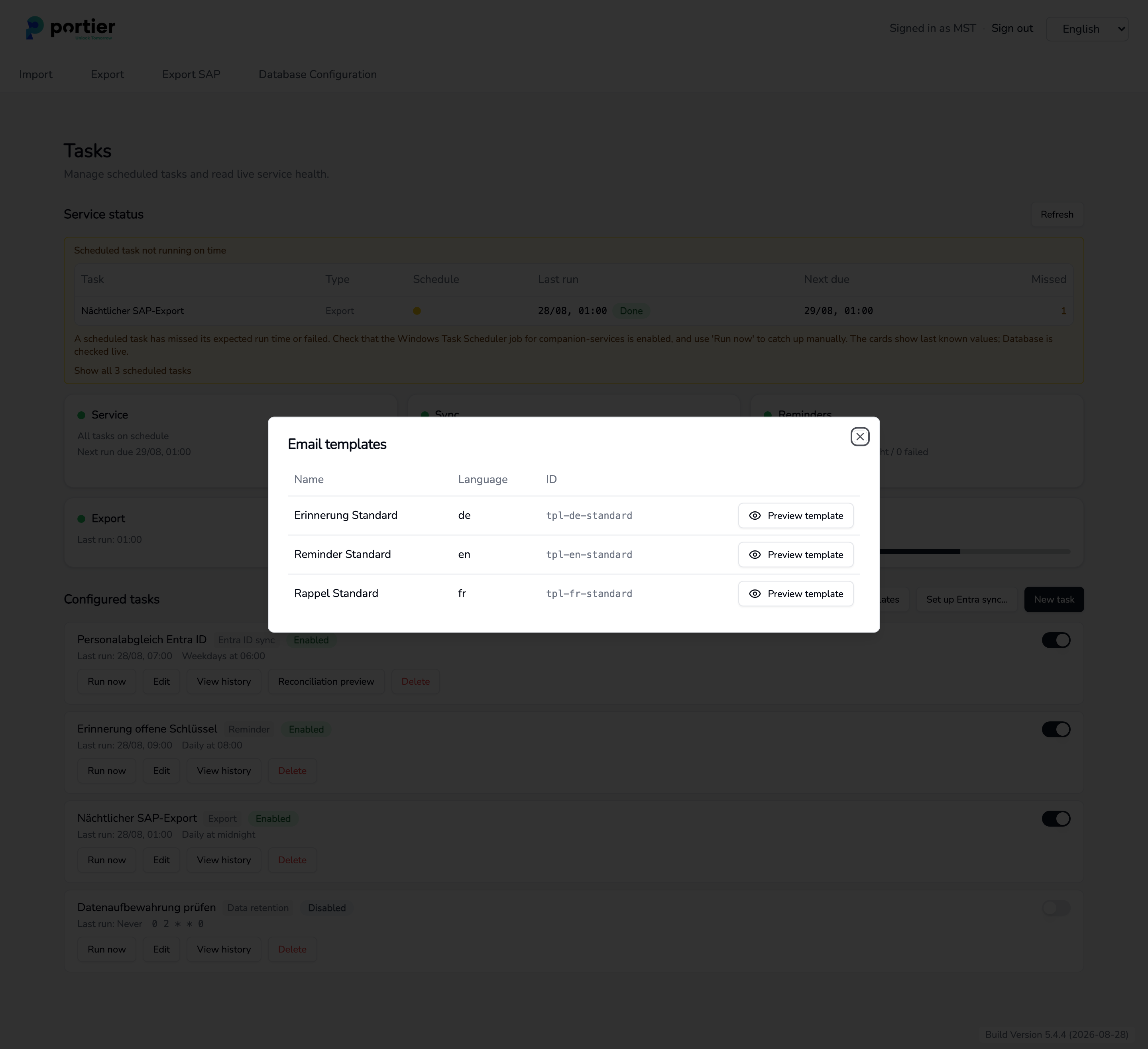 The three supplied templates. Preview template opens the preview.