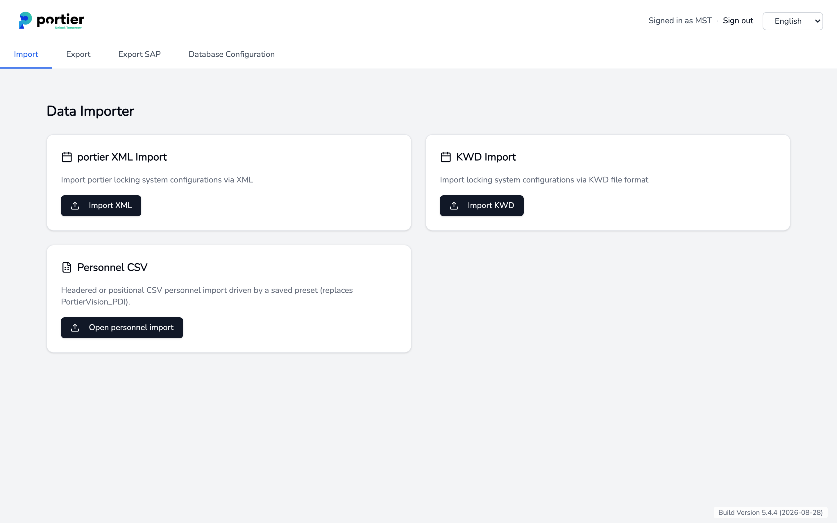 The Import area with the portier XML Import, KWD Import and Personnel CSV tiles