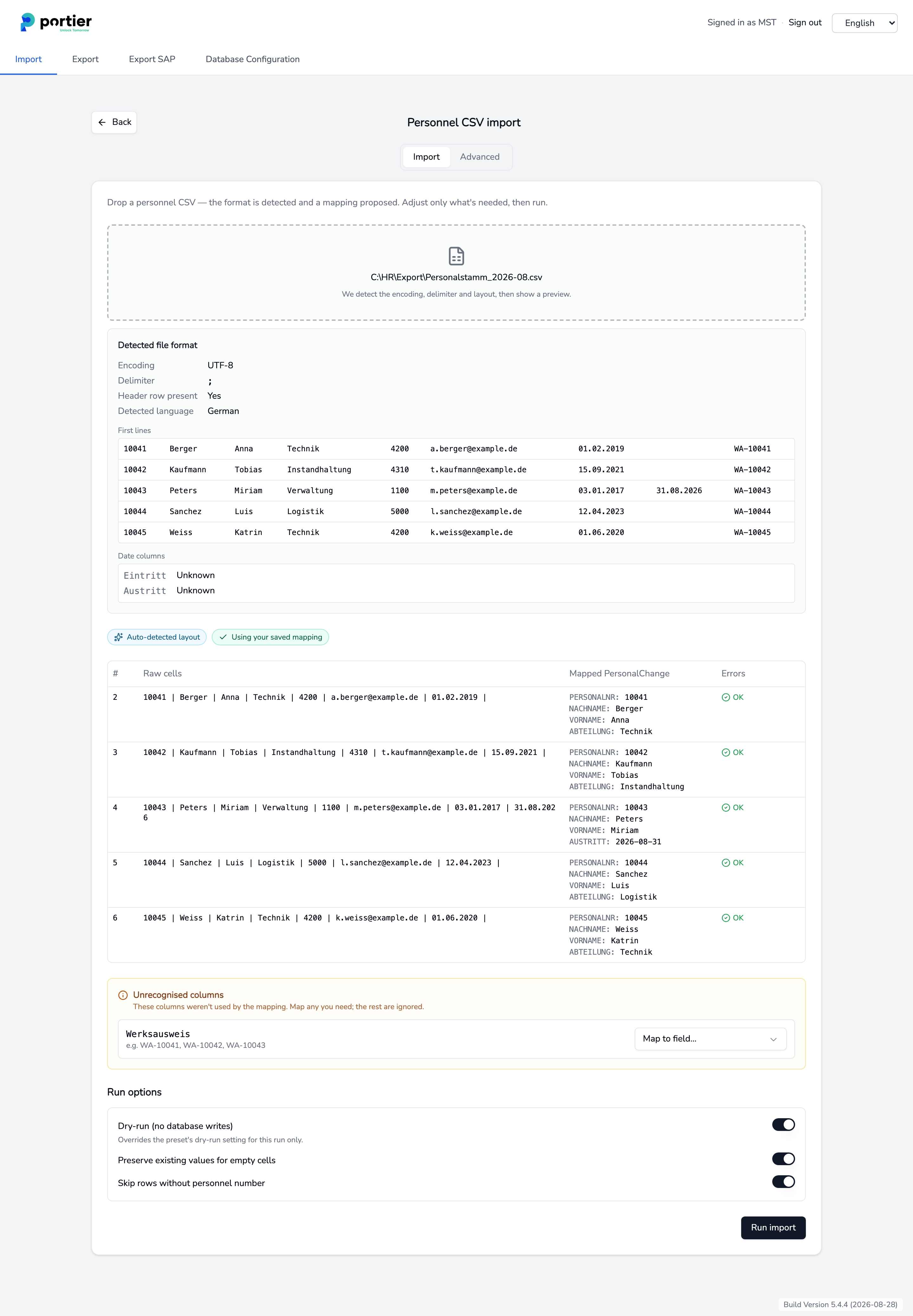 Detected format, preview, unrecognised columns and run options sit one below the other on a single page.
