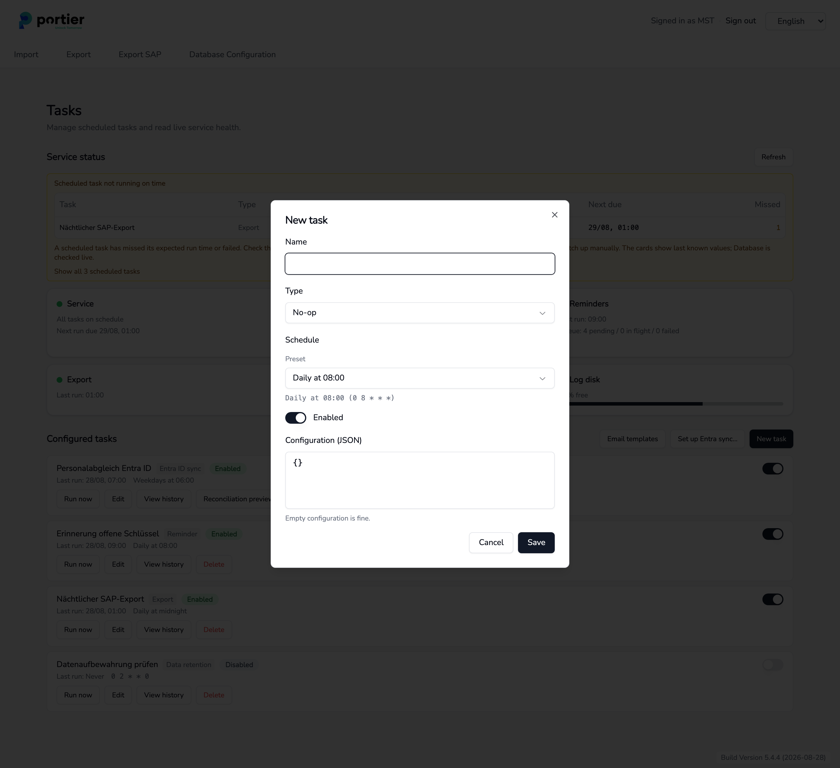 New task, with name, type, a schedule preset and the configuration.