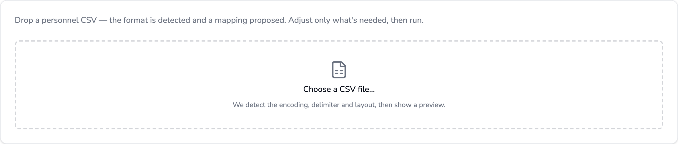 The Personnel CSV card in Companion, with the Open personnel import button below it.