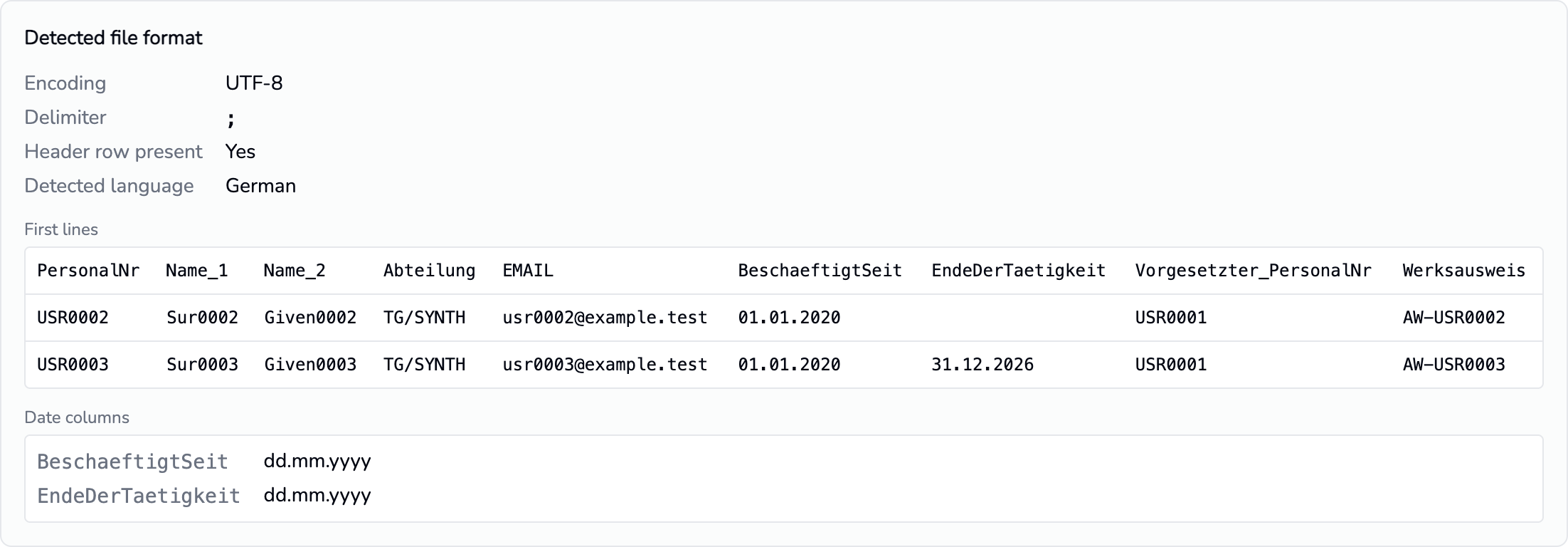 Once the file is chosen, Detected file format shows the encoding, delimiter and date columns.