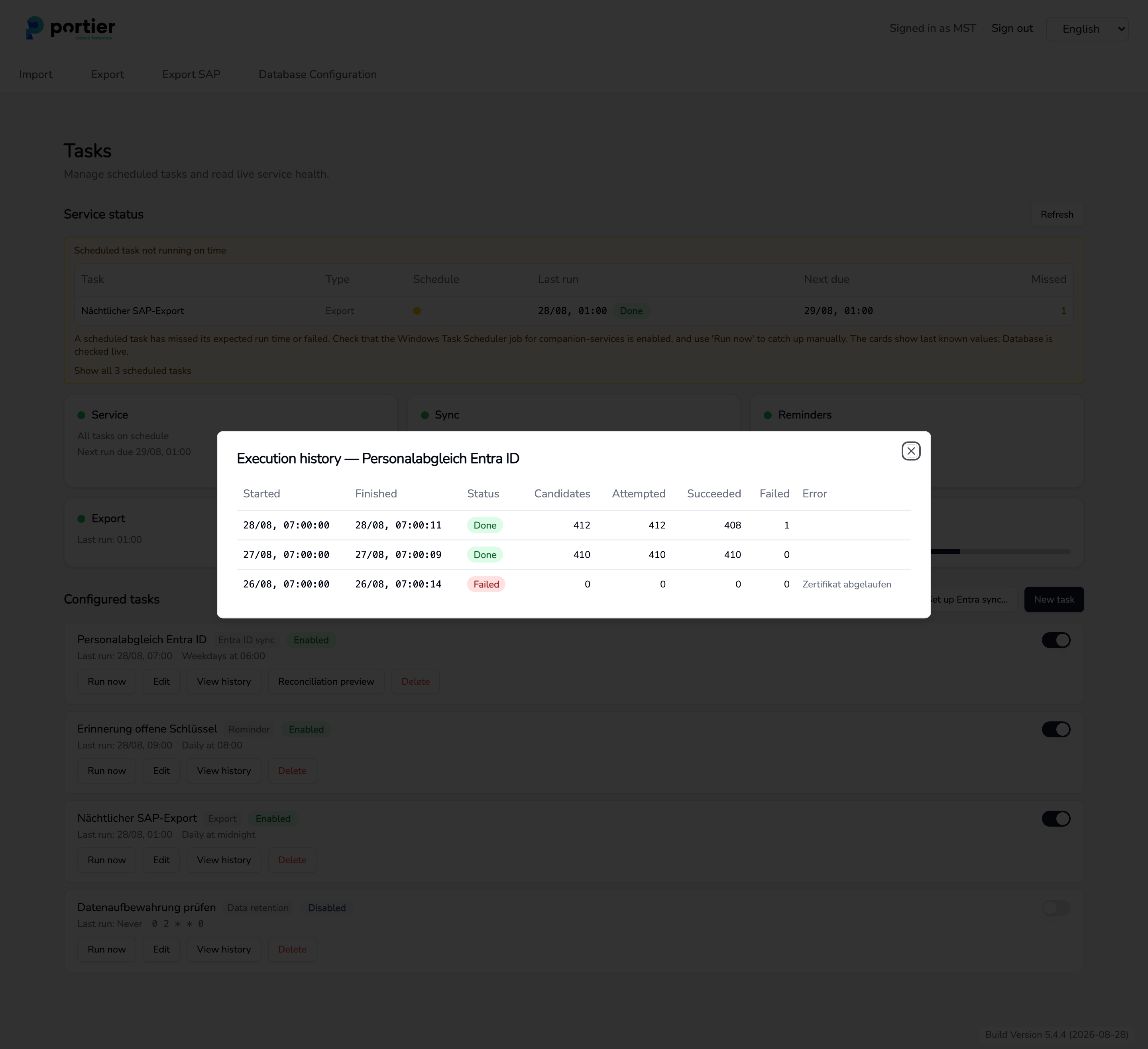 A task's execution history, per run with candidates, outcome and error message.